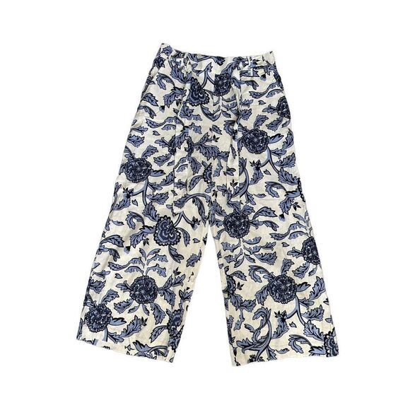 Joie Wide Leg Crop Floral Pants Women’s 8 Pockets Linen Blend Blue/White Summer - Picture 1 of 9